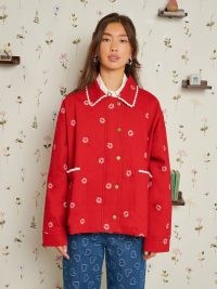 sister jane DELIGHTFUL THINGS Tribute Hearts Jacket in Poppy Red ~ women’s oversized collared jackets ~ floral embroidered outerwear