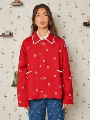 sister jane DELIGHTFUL THINGS Tribute Hearts Jacket in Poppy Red ~ women’s oversized collared jackets ~ floral embroidered outerwear - flipped