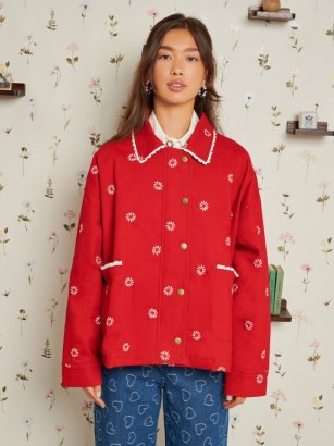 sister jane DELIGHTFUL THINGS Tribute Hearts Jacket in Poppy Red ~ women’s oversized collared jackets ~ floral embroidered outerwear