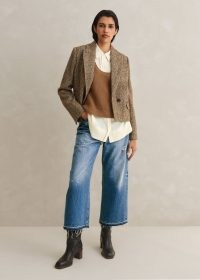 ME and EM Tweed Cropped Coat Jacket in Cream/Mocha ~ women’s brown fleck double breasted jackets