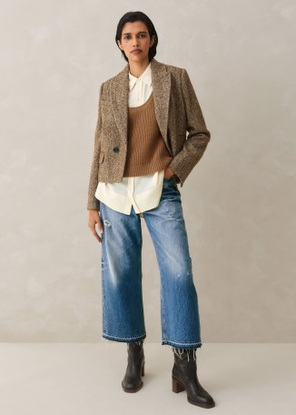 ME and EM Tweed Cropped Coat Jacket in Cream/Mocha ~ women’s brown fleck double breasted jackets - flipped