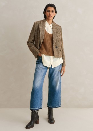 ME and EM Tweed Cropped Coat Jacket in Cream/Mocha ~ women’s brown fleck double breasted jackets