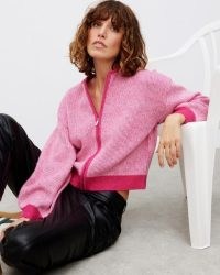 OLIVER BONAS Two Tone Pink Ribbed Knitted Bomber Jacket ~ women’s tonal knit zip up jackets