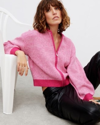 OLIVER BONAS Two Tone Pink Ribbed Knitted Bomber Jacket ~ women’s tonal knit zip up jackets - flipped