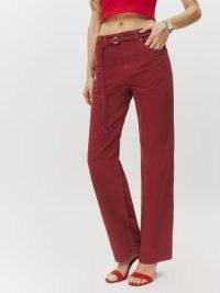 Reformation Val Belted Mid Rise Straight Jeans in Lipstick ~ dark red denim fashion
