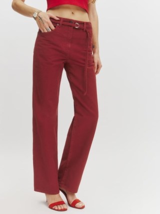 Reformation Val Belted Mid Rise Straight Jeans in Lipstick ~ dark red denim fashion - flipped