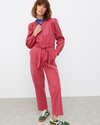 OLIVER BONAS Washed Cotton Pink Jumpsuit ~ women’s pleated shoulder jumpsuits