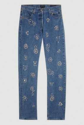 KAREN MILLEN All Over Hand Embellished Vintage Jeans in Mid Wash – crystal covered denim fashion - flipped