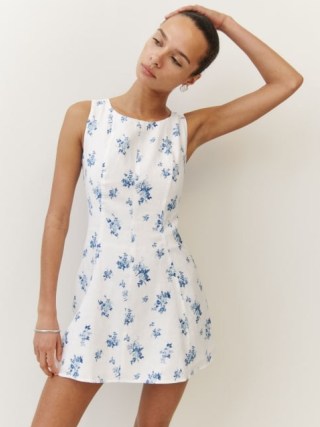 Reformation Amorette Linen Dress in Delicacy – sleeveless white and blue floral mini dresses - flipped