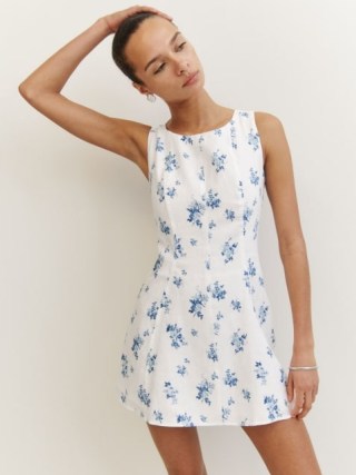 Reformation Amorette Linen Dress in Delicacy – sleeveless white and blue floral mini dresses