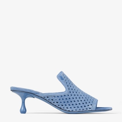 JIMMY CHOO Ander 50 Denim Suede Sandals – blue square toe mule sandal – womens designer mules - flipped