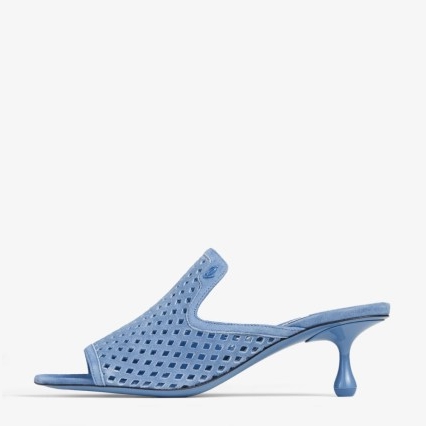JIMMY CHOO Ander 50 Denim Suede Sandals – blue square toe mule sandal – womens designer mules