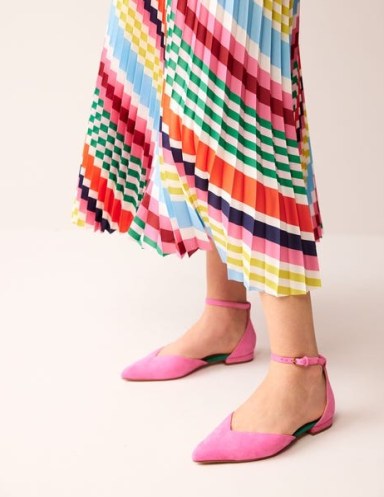 Boden Ankle Strap Point Flats in Festival Pink Suede | vibrant flat ankle strap shoes - flipped