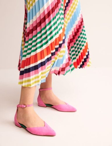 Boden Ankle Strap Point Flats in Festival Pink Suede | vibrant flat ankle strap shoes