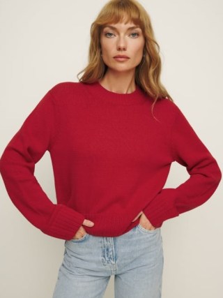 Reformation Anna Cotton Crewneck Sweater in Sundried Tomato ~ womens red organic cotton jumper ~ women’s relaxed fit sweaters ~ long sleeve crewneck jumpers - flipped
