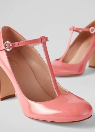 L.K. BENNETT Annalise Coral Patent Leather T-Bar Shoes – glossy retro style T-bars – luxe vintage inspired block heels