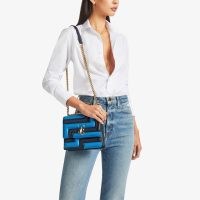 JIMMY CHOO Avenue Quad Navy and Sky Avenue Nappa Leather Shoulder Bag with JC Emblem – square shaped tonal blue handbag – designer bags