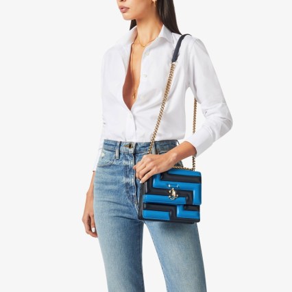 JIMMY CHOO Avenue Quad Navy and Sky Avenue Nappa Leather Shoulder Bag with JC Emblem – square shaped tonal blue handbag – designer bags - flipped