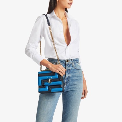 JIMMY CHOO Avenue Quad Navy and Sky Avenue Nappa Leather Shoulder Bag with JC Emblem – square shaped tonal blue handbag – designer bags