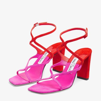 JIMMY CHOO Azie 85 Fuchsia and Paprika Patchwork Suede Sandals – bright tonal sandal – strappy block heels – vibrant colourblock shoes - flipped