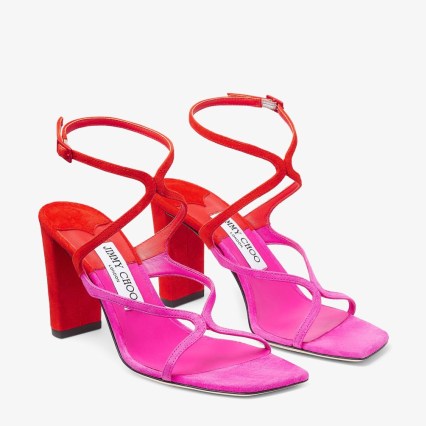 JIMMY CHOO Azie 85 Fuchsia and Paprika Patchwork Suede Sandals – bright tonal sandal – strappy block heels – vibrant colourblock shoes