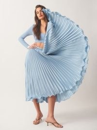 Reformation Bala Satin Skirt in Mineral ~ silky light blue pleated midi skirts ~ fluid fashion ~ clothing with movement