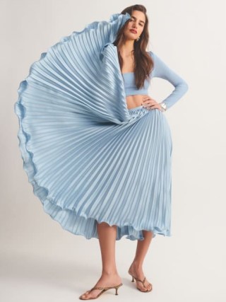 Reformation Bala Satin Skirt in Mineral ~ silky light blue pleated midi skirts ~ fluid fashion ~ clothing with movement - flipped