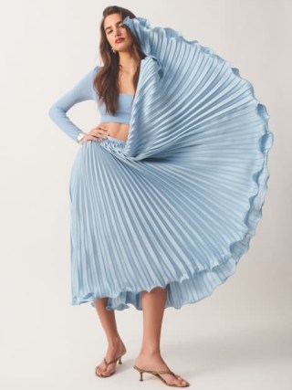 Reformation Bala Satin Skirt in Mineral ~ silky light blue pleated midi skirts ~ fluid fashion ~ clothing with movement
