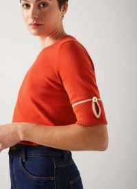 L.K. BENNETT Bea Red Short Sleeve Knitted Top ~ women’s keyhole arm detail tops