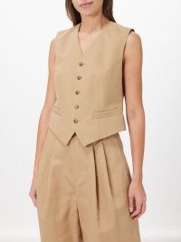 Polo Ralph Lauren Pauline cotton-blend twill waistcoat in beige ~ women’s designer waistcoats