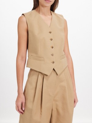 Polo Ralph Lauren Pauline cotton-blend twill waistcoat in beige ~ women’s designer waistcoats - flipped