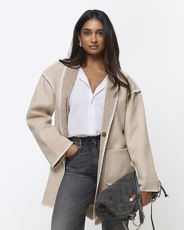 RIVER ISLAND Beige Stitch Detail Belted Coat ~ tie waist spring coats for 2024 - flipped