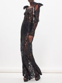 Nina Ricci Bow-embellished sequinned lace maxi dress ~ black sequin semi sheer evening event dresses ~ luxe occasion clothes