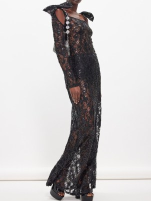 Nina Ricci Bow-embellished sequinned lace maxi dress ~ black sequin semi sheer evening event dresses ~ luxe occasion clothes - flipped