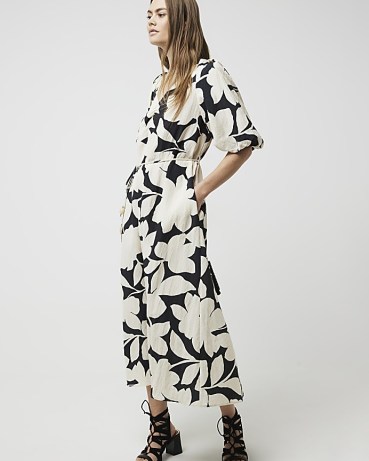 River Island Black Floral Puff Sleeve Shift Midi Dress | monochrome puffed sleeved dresses - flipped