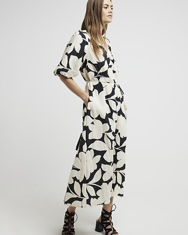 River Island Black Floral Puff Sleeve Shift Midi Dress | monochrome puffed sleeved dresses