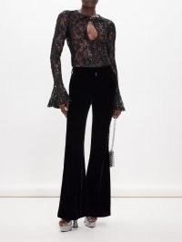 Nina Ricci Keyhole-cutout sequinned lace top ~ black semi sheer fluted cuff evening tops ~ cut out occasion clothing