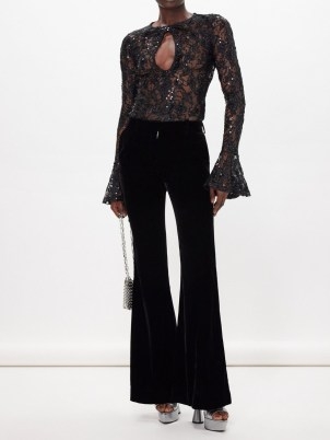 Nina Ricci Keyhole-cutout sequinned lace top ~ black semi sheer fluted cuff evening tops ~ cut out occasion clothing - flipped