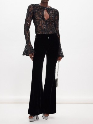 Nina Ricci Keyhole-cutout sequinned lace top ~ black semi sheer fluted cuff evening tops ~ cut out occasion clothing