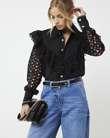 RIVER ISLAND Black Lace Frill Long Sleeve Blouse ~ semi sheer blouses ~ cut out detail tops - flipped