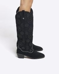 RIVER ISLAND Black Suede High Leg Cut Out Western Boot ~ women’s cowboy boots