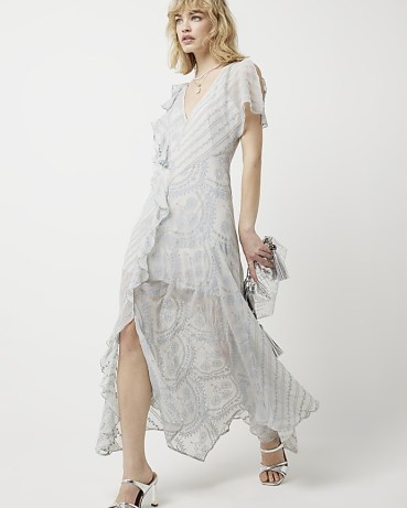 RIVER ISLAND Blue Broderie Frill Midi Dress ~ flowing semi sheer party dresses ~ ruffled evening fashion - flipped