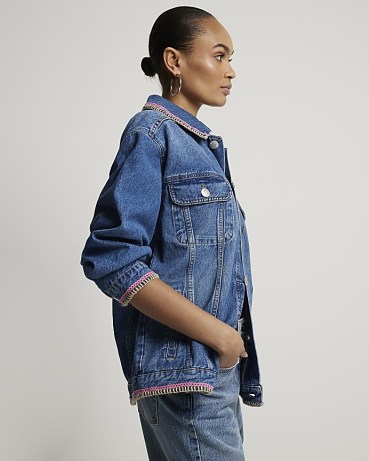 River Island Blue Crochet Trim Denim Jacket | women’s casual collared jackets - flipped