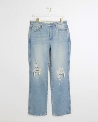 River Island Blue High Waisted Ripped Straight Jeans | casual denim clothing