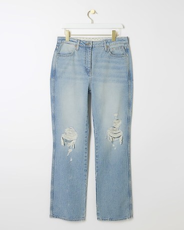 River Island Blue High Waisted Ripped Straight Jeans | casual denim clothing - flipped