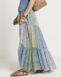 River Island Blue Patchwork Floral Maxi Skirt | long length tiered mixed print skirts | retro style festival fashion