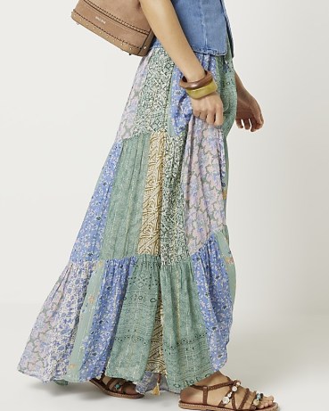 River Island Blue Patchwork Floral Maxi Skirt | long length tiered mixed print skirts | retro style festival fashion - flipped