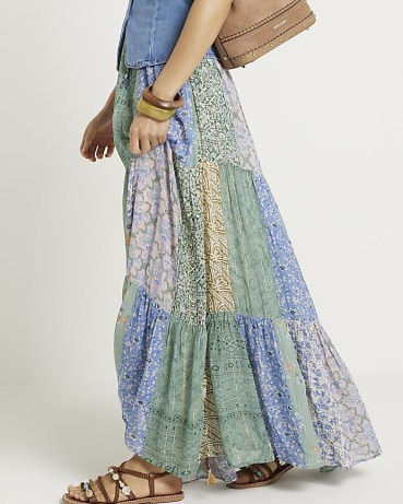 River Island Blue Patchwork Floral Maxi Skirt | long length tiered mixed print skirts | retro style festival fashion