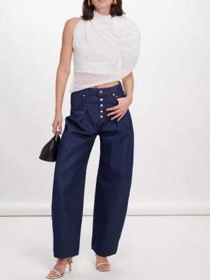 Jacquemus Pleated curved wide-leg jeans | women’s dark blue cork and cotton blend denim fashion - flipped