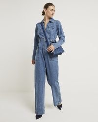River Island Blue Zip Up Denim Jumpsuit | collared utility jumpsuits | women’s on trend fashion